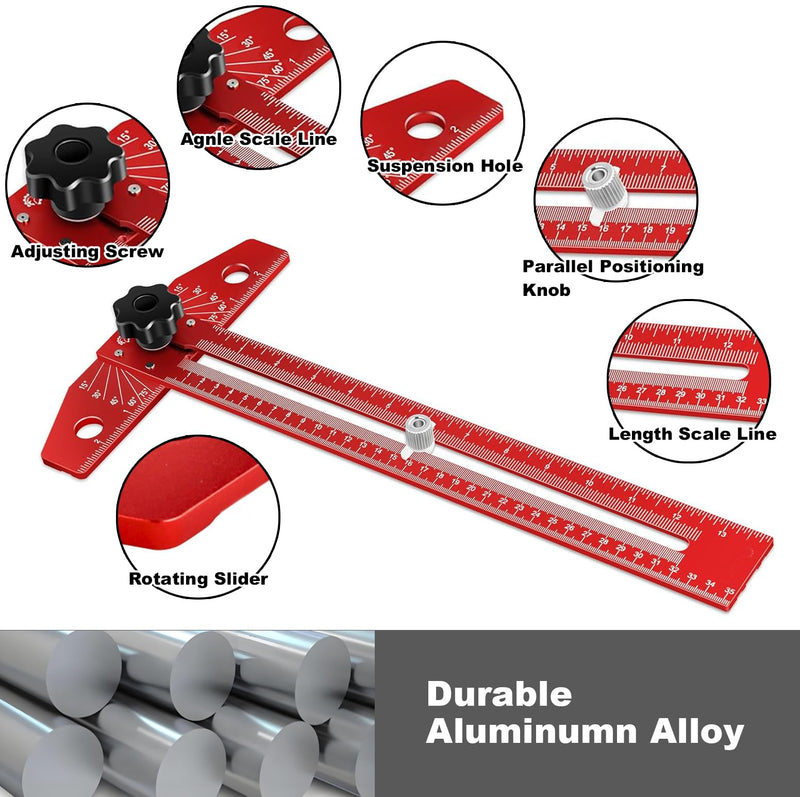 Woodworking Scriber Marking Line Ruler,Adjustable Aluminum Alloy Sliding T-Square Ruler,Precision Line Scriber Measuring Tool with Angle Adjustment Scale for Engineering and Carpenter Work