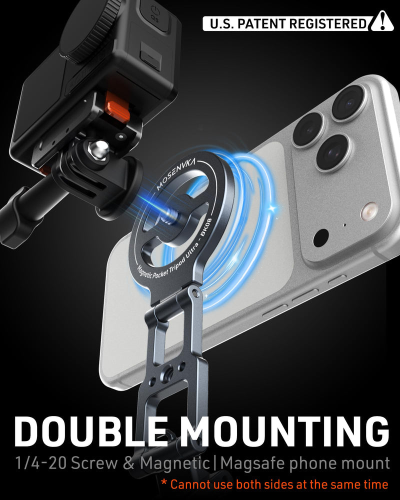 Magnetic Phone Stand Tripod for MagSafe iPhone | 2-in-1 Action Camera Mount | for Insta360 Luna Ultra/DJI Osmo Pocket 3/4 Accessories, N52 Magnetic Gym Phone Holder Arca-Swiss 1/4" Screw |Patented Design