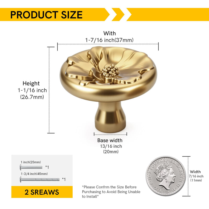 Rergy 4 Pack Cabinet Knobs for Drawer Dresser Closet, Flower Shape Lemen Gold Drawer Knobs, Brushed Brass Cabinet Hardware, Pulls Handles Single Hole Lemon Gold