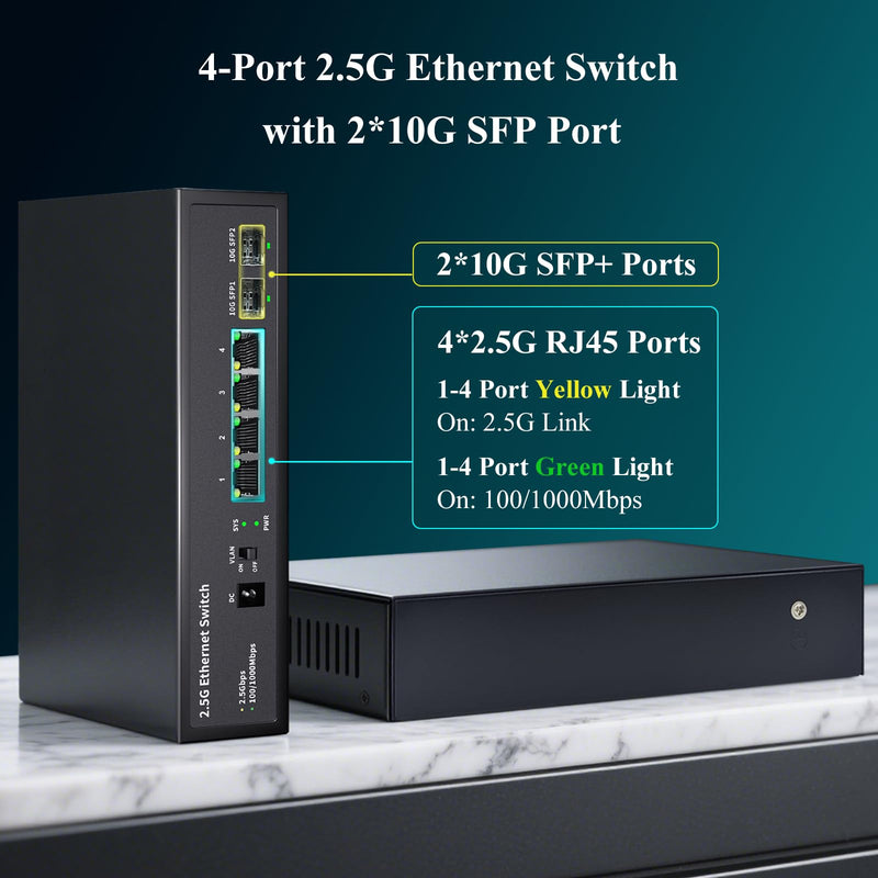 6 Port 2.5GB Ethernet Switch Unmanaged Network Switch | 4 x 2.5 Gigabit | 2 x 10G SFP+ | Multigig Switch 10-100-1000Mbps | 60G Bandwidth | Plug & Play | Fanless Metal Ethernet Switch 6 ports |4*2.5G+2*10G SFP
