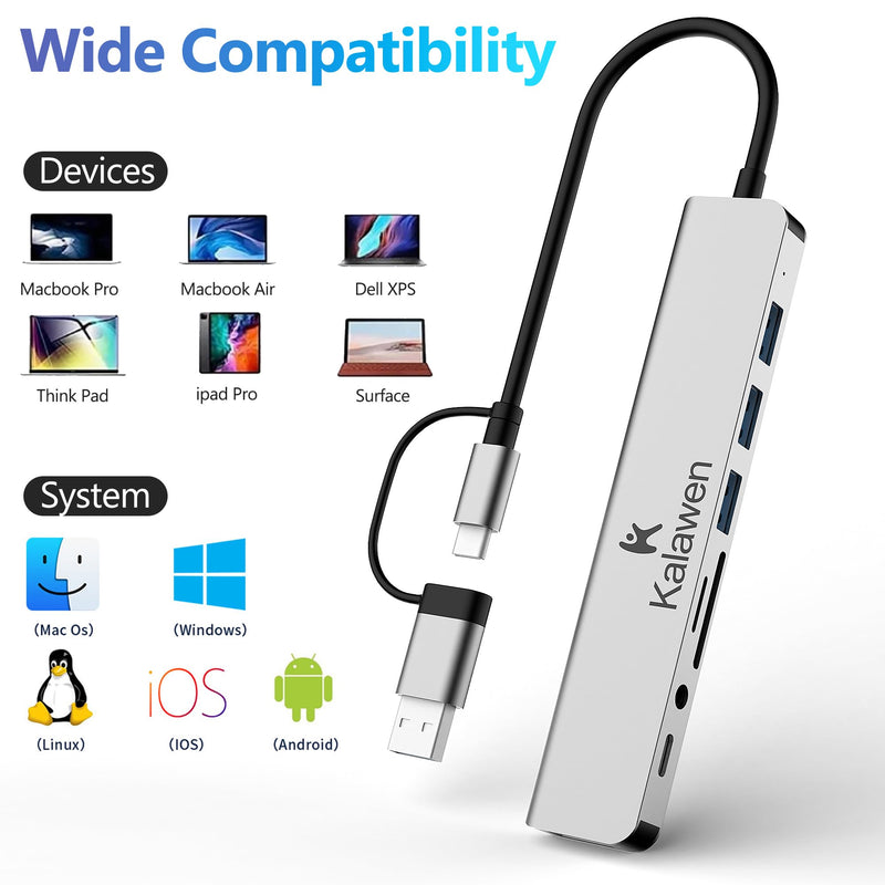 Kalawen USB C Hub USB Hub 3.0, Aluminum 8 in 1 USB Splitter with 1 x USB 3.0, 3 x USB 2.0 and 1 x USB C, SD/TF Card Reader, 3.5mm Aux Ports for MacBook/Pad Pro/Dell/HP Laptop Devices
