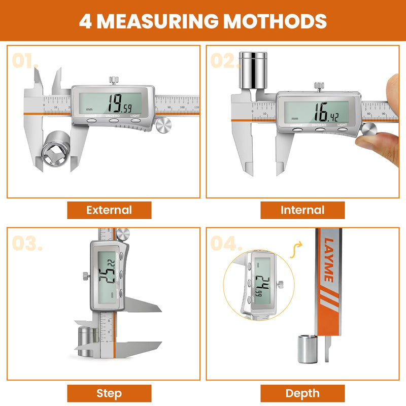 Digital Caliper, Rechargeable Digital Calipers with Backlight LCD & Auto-Off, Stainless Steel Measuring Tool, Inch/MM/Fraction Conversion for 3D Printing DIY Woodworking 6 Inch