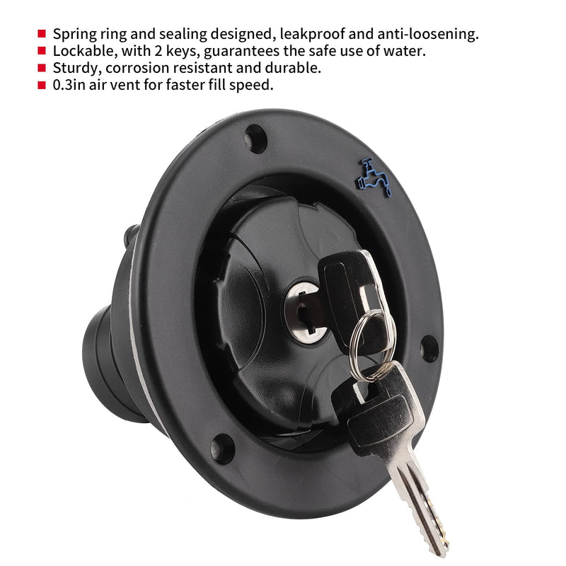 Water Inlet, Leakproof Black Water Filler RV Water Filling Resistant Lockable Water Filling Port with 2 Keys for Motorhome for RV