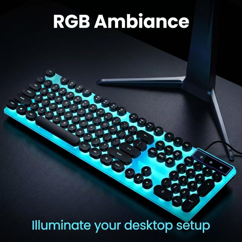 Vintage Round Keycaps Wired Keyboard with RGB LED Backlight, Quiet Gaming Keyboard for PC, Laptop, Desktop, Office & Home(Black) Black2