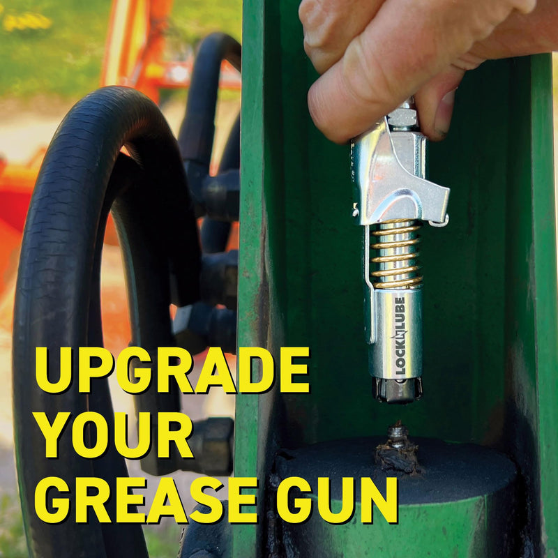 LockNLube Grease Gun Coupler locks onto Zerk fittings. Grease goes in, not on the machine. World's best-selling original locking grease coupler. Rated 10,000 PSI. Long-lasting rebuildable tool. NPT With Spare Rebuild Kit