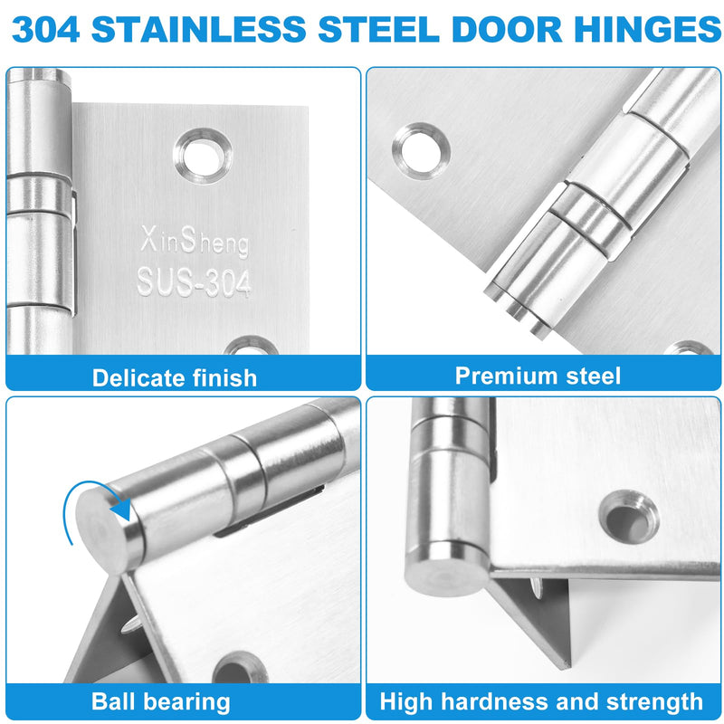 3.5" 304 Stainless Steel Door Hinges XINSheng Security 3 Pack | Ball Bearing Smooth | Square Corner | Non-Detachable Security Pin | 304 Steel Rust Proof | Interior & High-Salt Environments