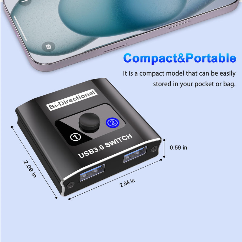 USB 3.0 Switch, Bi-Directional USB Switch 1 in 2 Out/ 2 in 1 Out, Aluminum USB Switcher 2 Computers Share USB Devices for Printer, Keyboard, Scanner, Mouse, Compatible with Win/Mac/Linux USB Switch Only