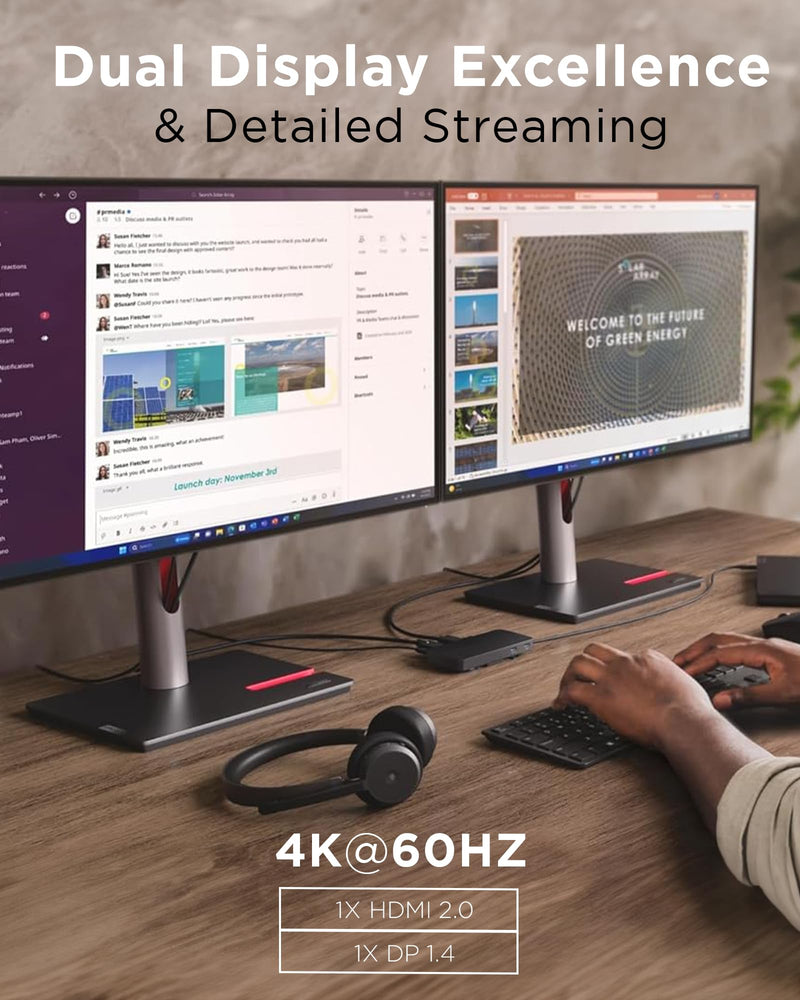 Lenovo USB-C Dual Display Travel Dock - 7 Ports, Integrated Cable, Universal Compatibility, Two displays at 4K - Black USB Dock