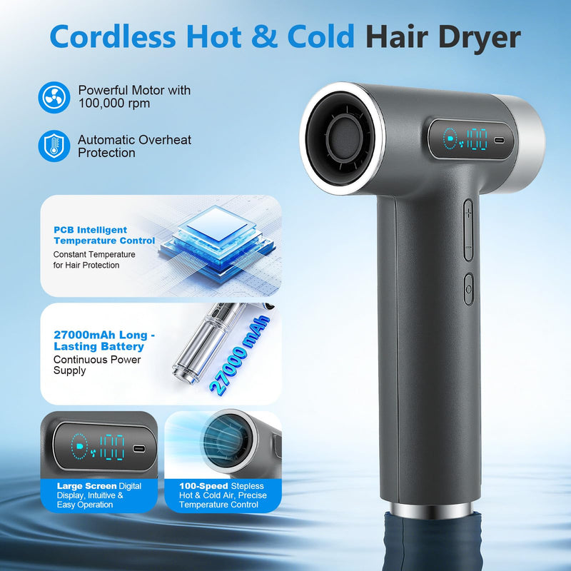 Hair Dryer Cordless, 300W Fast Drying Blow Dryer with Digital Screen, 27000mAh Rechargeable Portable Travel Hairdryer, 100000RPM, 100 Speeds, USB Charging, Hot & Cold Wind for Travel,Camping (Grey) Grey
