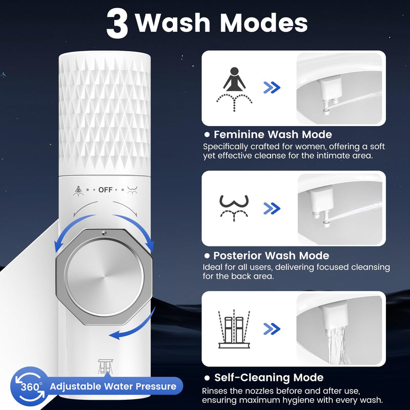 FEELSO Bidet Attachment for Toilet with Filter, Bidet Toilet Seat with Self-Cleaning Dual Nozzle (Frontal/Rear Wash), Ultra-Slim & Non-Electric Bidet Sprayer for Hard Water, Adjustable Water Pressure