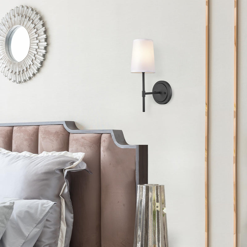 GLOBE Electric 51859 1-Light Wall Sconce, Matte Black, White Fabric Shade, Wall Lighting, Wall Lamp Dimmable, Wall Lights for Bedroom, Kitchen Sconces Wall Lighting, Home Décor, Bulb Not Included Matte Black, White Shade
