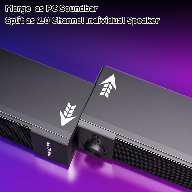 SENZER CS20 2 in 1 Bluetooth Computer Speakers for Desktop, USB Plug & Play Clear Sound PC Speakers with RGB Light, Monitor Sound Bar with Volume Knob, Gaming Speaker for PC Laptop Phone Tablet Black