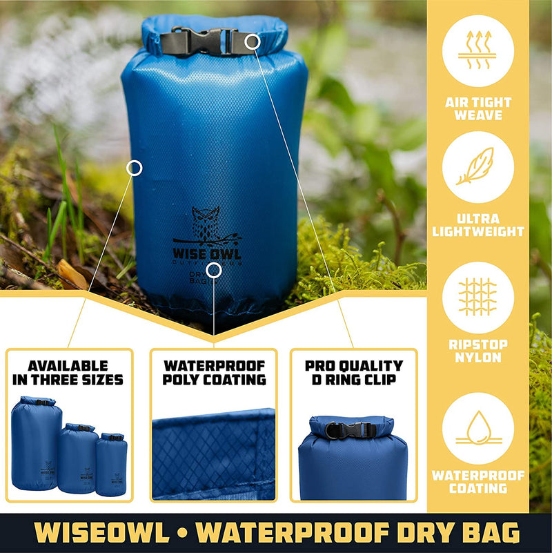 Wise Owl Outfitters Waterproof Dry Bag 3-Pack – Lightweight & Airtight 5L/10L/20L Small & Large Dry Bags for Kayaking, Beach, Travel, Boating, Hiking Blue