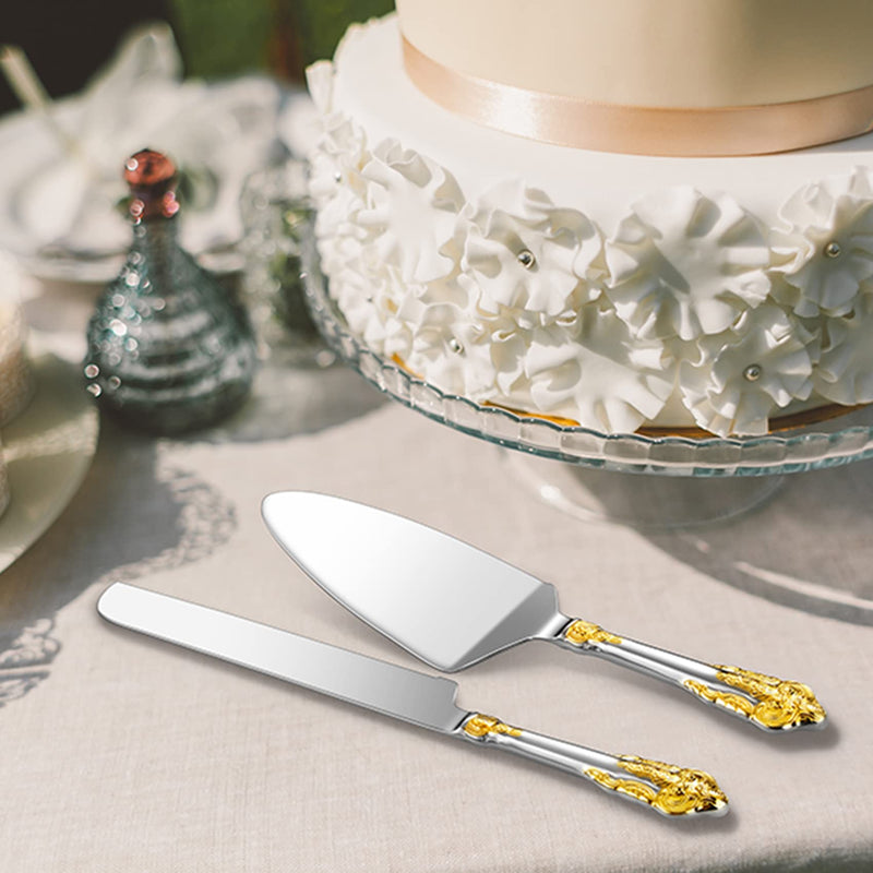 KEAWELL Gorgeous Wedding Cake Knife and Server Set, 18/10 Stainless Steel, Fine Luxury Cake Cutting Set (Gold Accent) Gold Accent