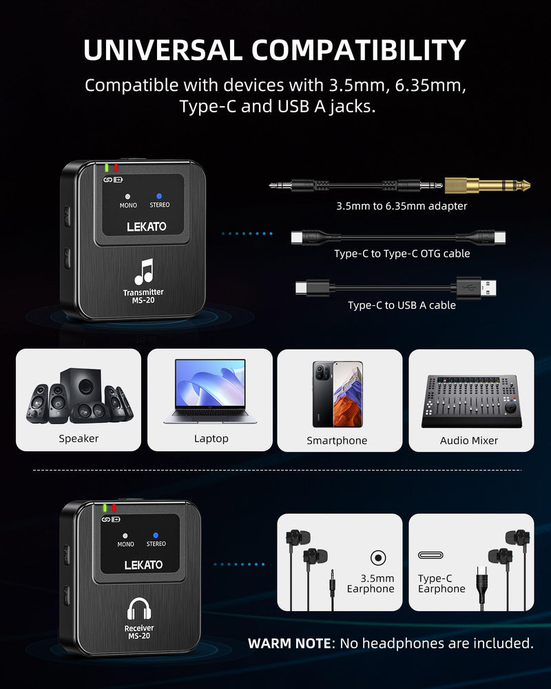 LEKATO Wireless in-Ear Monitor MS-20, 2.4G IEM System 1Transmitter for 1-1, Auto-Pairing, OTG Support, One to More, in-Ear Monitoring for Studio,Live,Singer,Band Starter