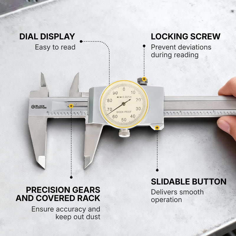 BLACK CANYON 6" Dial Caliper, 6 Inches Measurement, Caliper Measuring Tool, 0.001 inch fine Graduation, 4-Way Measurements, Hardened 4R13 Stainless Steel, Ideal for DIY/Household T7-1026