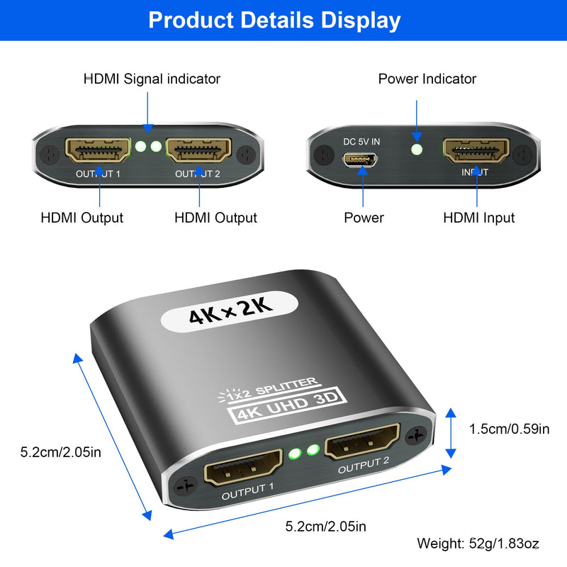 HDMI Splitter 1 in 2 Out -HDMI Splitter for Dual Monitors Duplicate/Mirror Only - Not for Multi Monitors, 1x2 HDMI Splitter1080P, 4K @ 30Hz (One Input To Two Outputs), 1 Source to 2 Identical Displays Silver