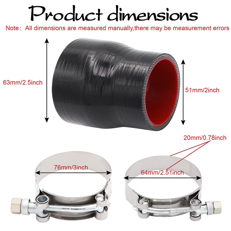 ID 2 to 2-1/2 inches Black Silicone Reducer Coupler with 2 T-Bolt Clamps 4 Layers of Polyester Reinforcement Suitable High Level Turbo Pipe ID2"-2.5"