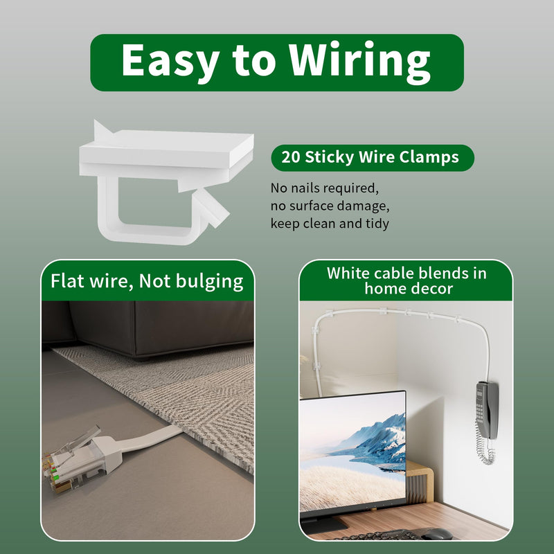Telephone Extension Cord 100 Ft, Anti-UV Weatherproof Phone Cable Line Wire with Standard RJ11 Plug for Landline Modem Fax Machine Outdoor with 1 in-Line Coupler&Clip Holders -Flat-White 100FT