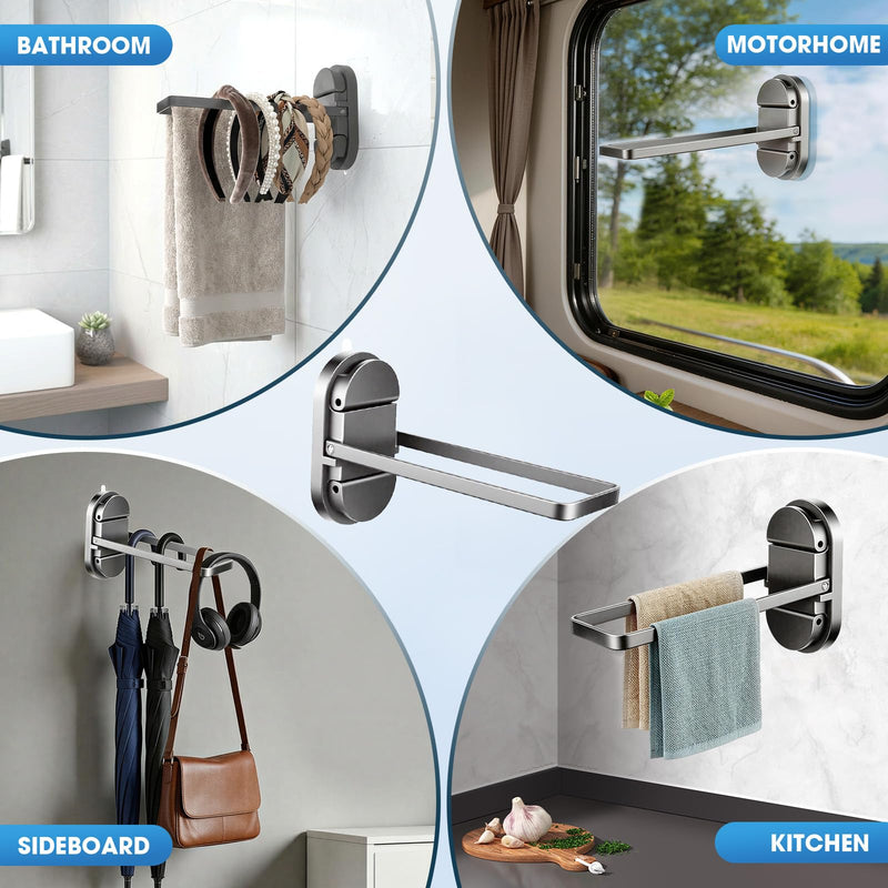 Foldable Suction Towel Bar, No Drill Stainless Steel | Heavy-duty bathroom towel holder for towels and robes. Fits tile, glass, mirrors & RV. Reusable, rustproof and residue-free Silver Black