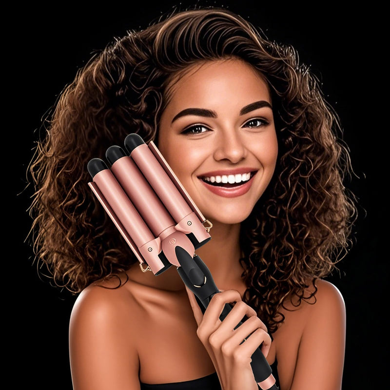 3 Barrel Hair Curler, 25mm Ceramic Tourmaline Hair Curling Iron Waver Wand with LCD Temperature Display, Fast Heating Foldable Crimpers for Travel (Gold) Gold