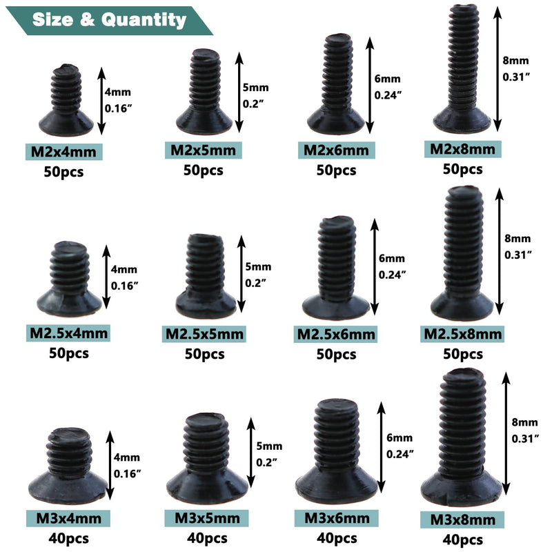 560PCS Black Carbon Steel M2 M2.5 M3 Laptop Replacement Screw Set Countersunk Head Flat Head Phillips Miniature Screws for Dell Samsung HP Sony Laptop