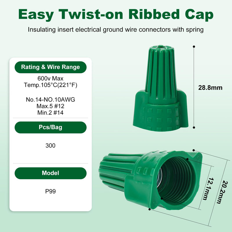 Leepenk 300PCS Green Ground Wire Nuts with Hole,14-10 AWG Winged Electrical Wire End Connectors Caps,UL and CSA Certified P99,Twist-On Easy Screw-On for Cable Grounding,Ideal Electrical Connectors 300