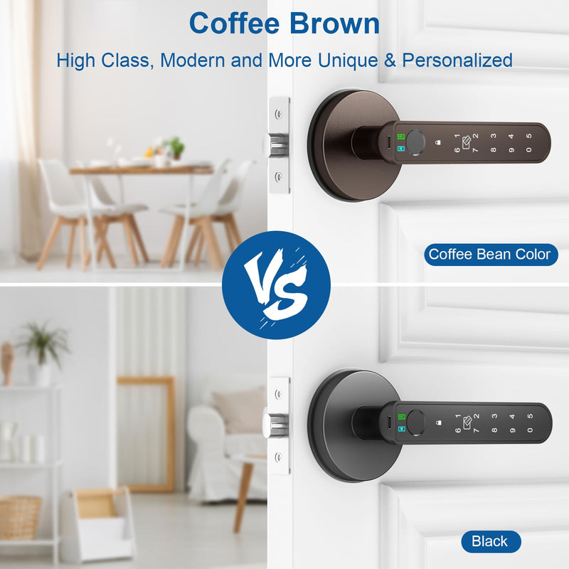 Fingerprint Door Lock, 6-in-1 Smart Door Knob with App Control/Fingerprints/IC Cards/Passwords/2 Keys, Fingerprint Door Knob Biometric Door Lock for Bedroom Apartment-Coffee Brown Coffee Brown