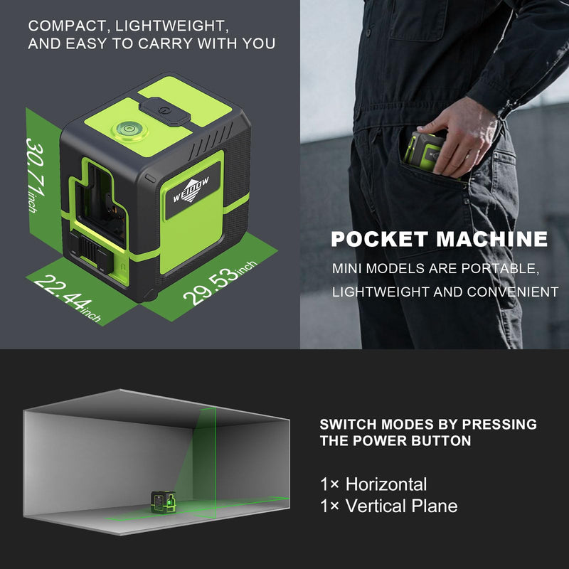 Weiddw laser level - Green Cross Line, for interior decoration, for vertical and horizontal measurement, 1200 mAh lithium battery, 10-hour standby time
