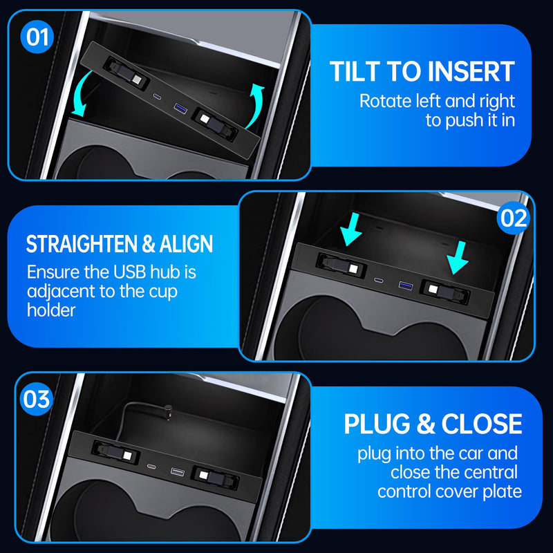 USB Hub for Tesla Model Y Juniper 2025 2026 Model 3 Highland 2024 2025 with Sunken Design, 99W 4 in 1 Multi Ports Fast Charger with Retractable Cable Docking Station fit Center Console Adapter