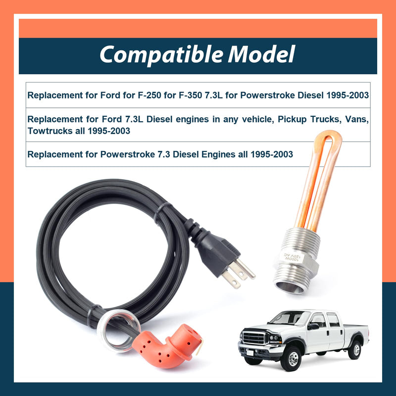 F7TZ-6A051-AA Diesel Engine Block Heater Replacement for Ford F-250 F-350 7.3L for Powerstroke Diesel 1995-2003 with Cable Cord 120v 1000w 3/4" NPT