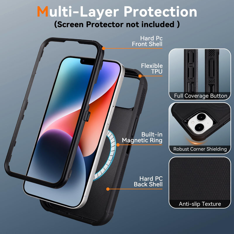 for iPhone 14 Case with Belt Clip Holster, Compatible with Magsafe, Black | Military Grade Drop Protection, 2 Layers of Sturdy, Heavy Duty Shockproof Cover for iPhone 14 Case Rugged