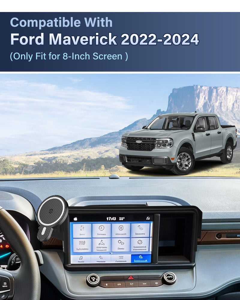 PZK Wireless Charger Car Phone Holder for Ford Maverick 2022-2024 | 8-Inch Screen Magnetic 15W Fast Wireless Charger Car Phone Mount Strong Magnets 360° Rotation Hands-Free Not Affect Vent Magsafe+ Wireless Charging