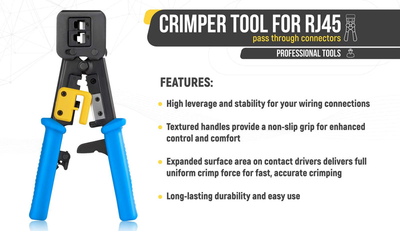 Everest Media Solutions RJ45 Crimp Tool Kit, with 50 Cat6 Pass Through Connectors and 50 Strain Relief Boots + Extra Blades - EZ Cut, Strip, Crimp Ethernet Cables - Professional Network Crimping Tool w/ Cat6 Plugs & Boots