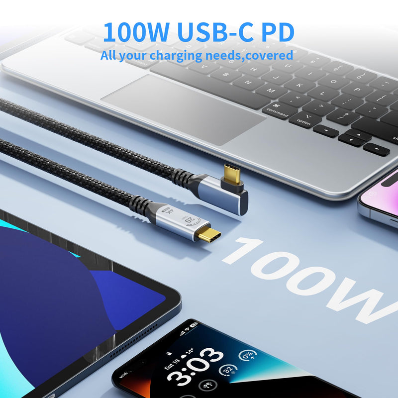 Long 16.5FT Right Angle USB C-C 3.2 Gen 2x2,20Gbps Data Transfer Cable Compatible with Thunderbolt 3,90 Degree USB-C to C Cord 100W Fast Charging,4K@120Hz Output Monitor,SSD,Docking.