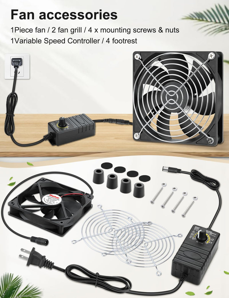 Wathai 120mm Waterproof Small Box Fan IP67 12V Computer Fan AC 110v 120v | Dual Ball Fan with AC Plug DC 12V to AC 110V 240V Speed Controller for Biltong Box Grow Tent Terrarium Aquarium Greenhouse IP67 120mm fan with Controller