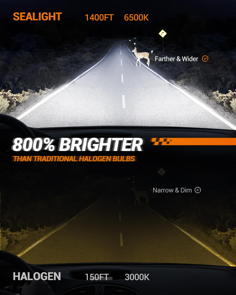 SEALIGHT 9012 Light Headlight Bulbs, 800% 44,000LM Super Bright, 1:1 Real Size, 6500K Cool White Bulbs for Car Powersports ATV/UTV, Pack of 2 9012/HIR2
