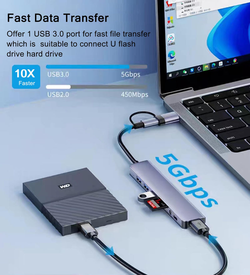 USB C Hub USB Hub 3.0 with SD/TF Card Reader, 3.5mm Headphone Aux Jack, 8-in-1 USB Splitter for MacBook Pro Air, XPS, Surface and More PC/Laptop/Tablet Devices Versatile 8-in-1