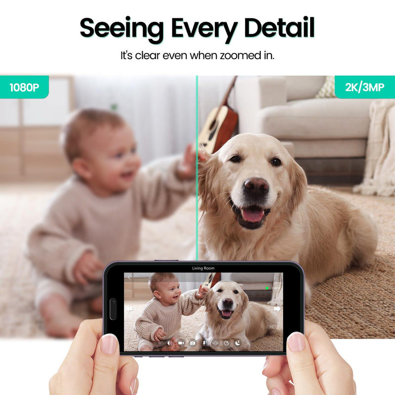 2K Security Camera Indoor,House Cameras with Audio and Video,Plug in Surveillance Cameras for Home Security,8X Zoom,IR Night Vision,Sound/Motion Detection,2-Way Talk,Supports Alexa 2K/3MP