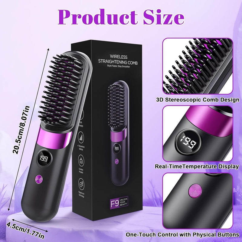 Go Brush Pro UK Cordless Hair Straightener Brush, Portable Rechargeable Ceramic Styling Brush with 4 Heat Modes & LED Display, Hair Gobrush Pro Rechargeable Straightener Hot Comb for Travel