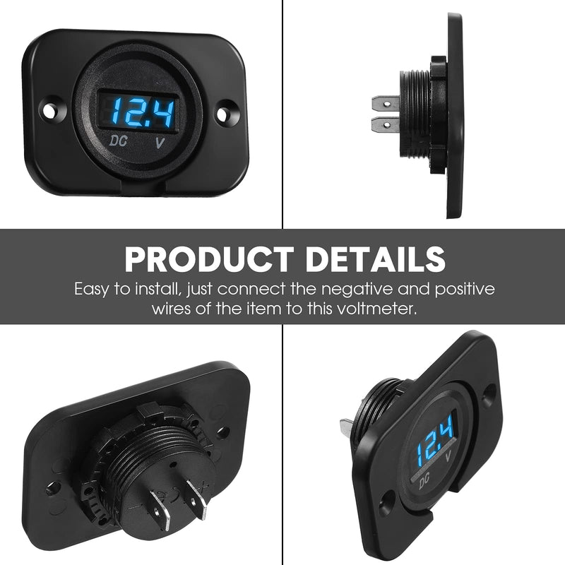 BBTO 2 Pcs DC 12V 24V Waterproof Car Voltmeter with LED Digital Display Panel and Mounting Plate Round Voltage Gauge Meter with Terminal for Boat Marine Vehicle Motorcycle Truck ATV UTV (Blue Light) Blue Light