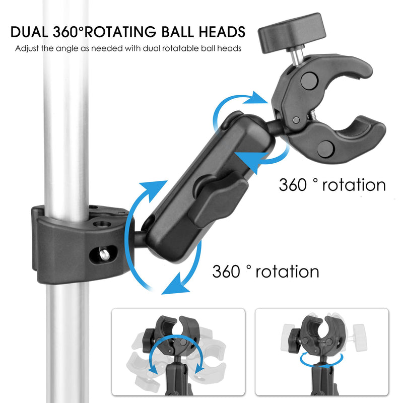 Double Super Clamp Camera Mount with Magic Arm for Chair/Photography Reflector/Light/Pole, Umbrella Clamp with 360° Rotation Double Ball Head Adapter for Golf Push Carts/Strollers/Wagons