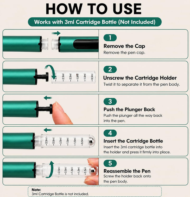 80 Unit Peptide Pen Injector, Reusable Peptide V1 Pens for 3ml Cartridges - Daily Use with Smooth Plunger & Travel Case, Universal Compatibility, Includes 50 Prep Pads, Green
