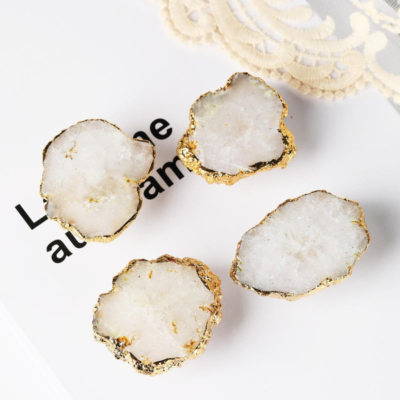 White Geode Cabinet Knobs Crystal Stone Drawer Knobs Handles Decorative Gold Plated Gemstone Cupboard Pulls for Home Office Decor 4 Pack