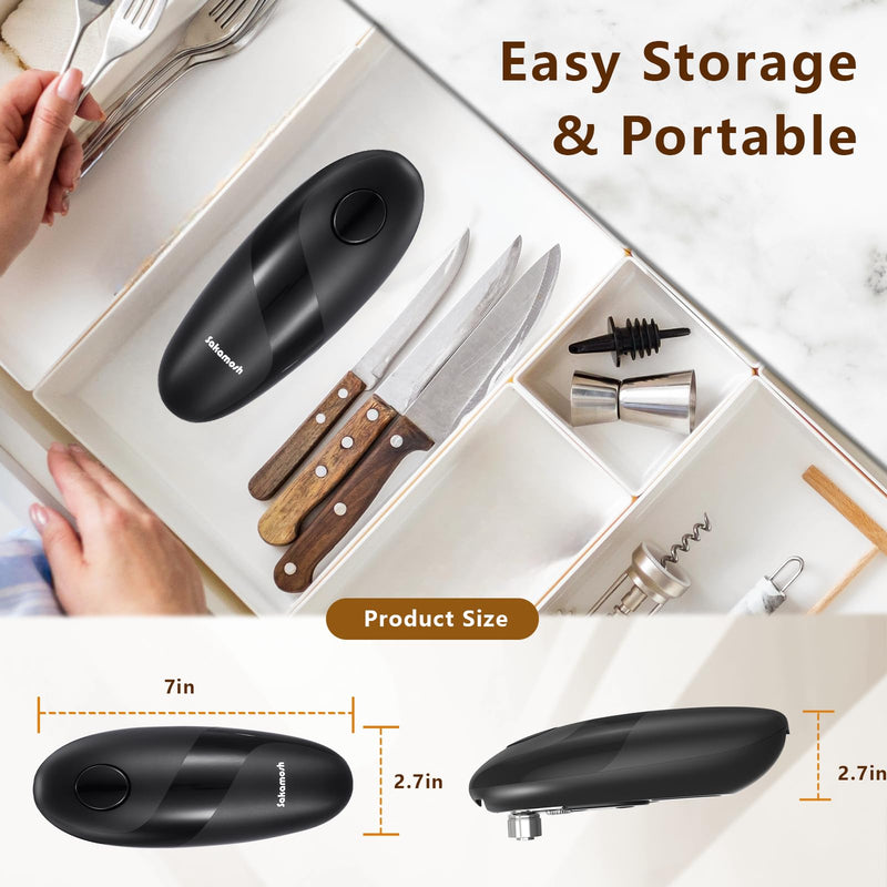 Electric Can Opener Smooth Edge, Battery Operated Kitchen Can Opener for Seniors with Arthritis, One Touch Side Cut Fits Most Can Sizes, Left-handed Friendly Black-Battery
