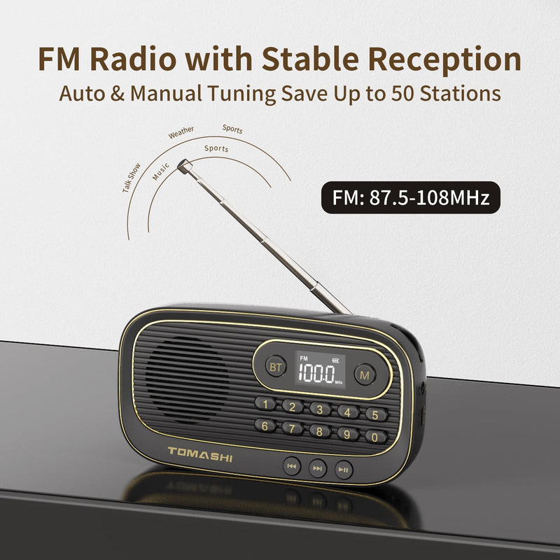 TOMASHI Portable FM Radio, Bluetooth Speaker Radio, Rechargeable Auto Scan | Preset stations, LCD display and Micro SD MP3 player. Compact radio with earphone jack for home, travel and outdoor use.