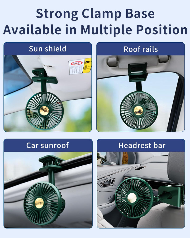 Usb Car Fan Oscillating Rechargeable Fan with Colorful Light Battery Powered, 360° Rotatable Portable Clip Fans That Blow Cold Air, Small Cooler Mini Fan Silent, for Vehicle Van Truck Suv Rv Green