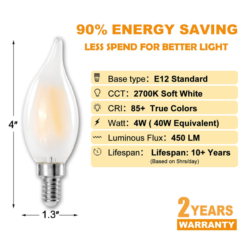 E12 LED Chandelier Light Bulbs, 4W(40w Equivalent) Dimmable C11 Frosted Glass, 450 Lumens, 2700K Soft White, Candle Shaped, Ideal for Candelabras Open Fixtures, 12-Pack 12 Pack