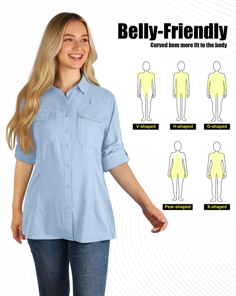 33,000ft Women's UPF 50+ UV Long Sleeve Sun Protection Safari Shirts Quick Dry Outdoor Fishing Hiking Travel Shirt Light Blue Medium