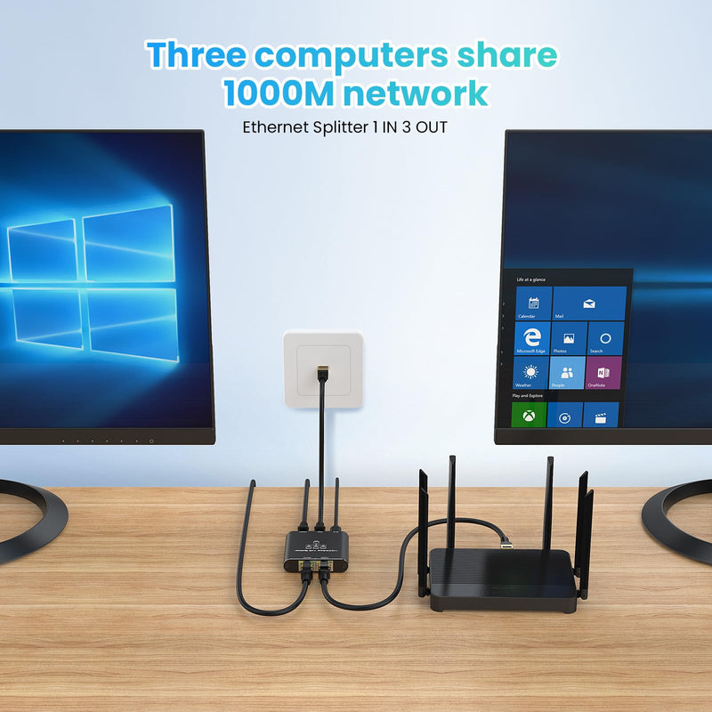 Ethernet Splitter 1 to 3, High Speed Gigabit 1000Mbps, LAN Network Splitter with USB Power Cable, Gigabit RJ45 Internet Ethernet Splitter for Cat 5/5e/6/7/8 Cable [3 Devices Networked Simultaneously] Ethernet Splitter-1 auf 3